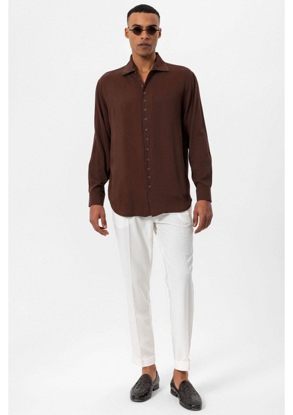 Kahve Regular Fit Apaş Yaka Erkek Gömlek modelleri