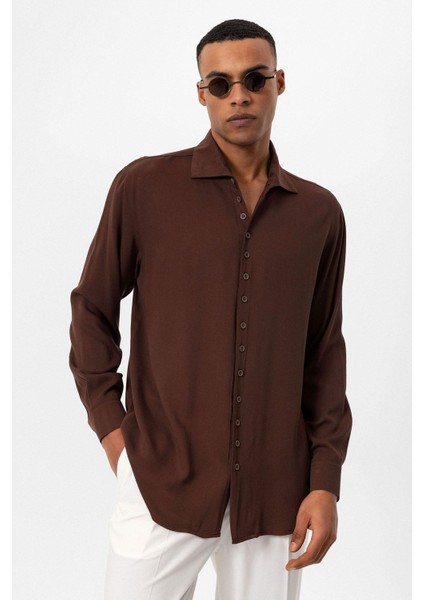 Kahve Regular Fit Apaş Yaka Erkek Gömlek fırsatları