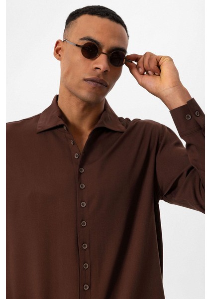 Kahve Regular Fit Apaş Yaka Erkek Gömlek indirimleri