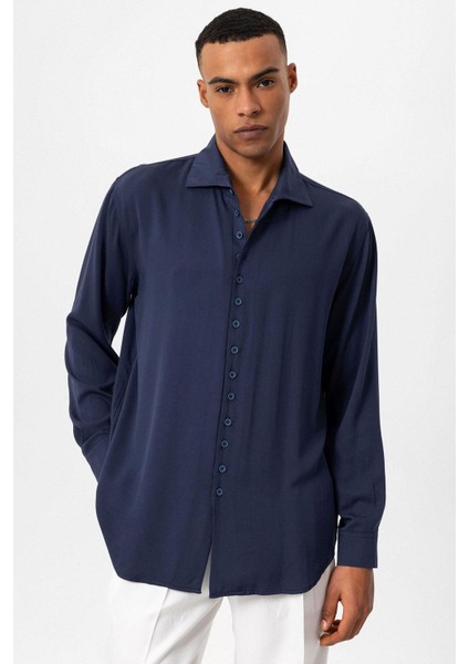 Lacivert Regular Fit Apaş Yaka Erkek Gömlek