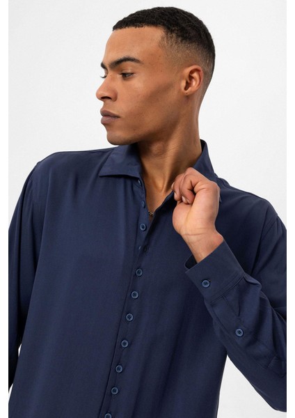 Lacivert Regular Fit Apaş Yaka Erkek Gömlek