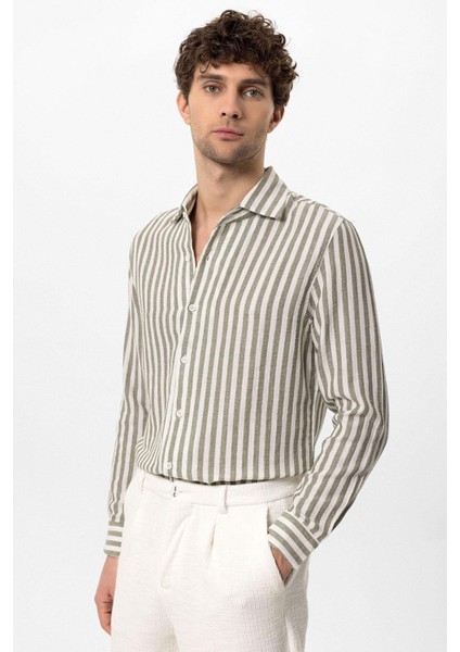 Haki Kontrast Çizgili Erkek Gömlek fiyatları