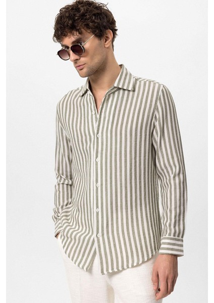Haki Kontrast Çizgili Erkek Gömlek fırsatları