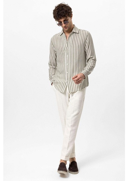Haki Kontrast Çizgili Erkek Gömlek indirimleri
