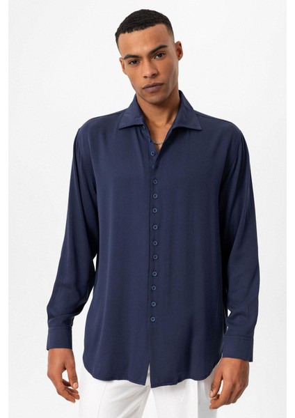 Lacivert Regular Fit Apaş Yaka Erkek Gömlek