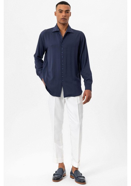 Lacivert Regular Fit Apaş Yaka Erkek Gömlek fiyatları
