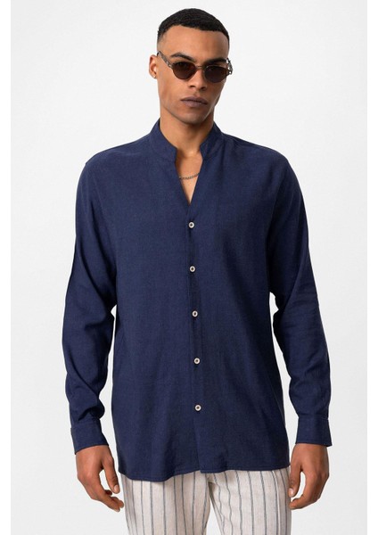 Lacivert Hakim Yaka Uzun Kollu Erkek Gömlek