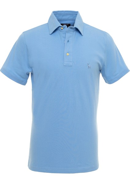 Erkek Gökmavi Düz Renkli Gömlek Yakalı Polo T-Shirt