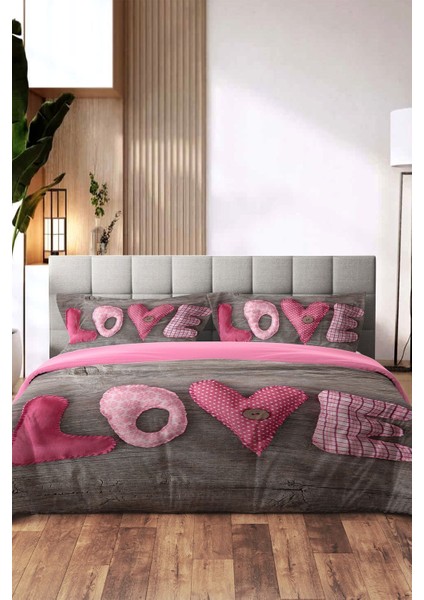 Amor Home Sevgililer Günü Çift Kişilik Pamuk Saten Nevresim Love Wood