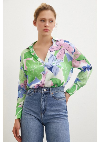 Çiçek Desen Saten Gömlek Yeşil