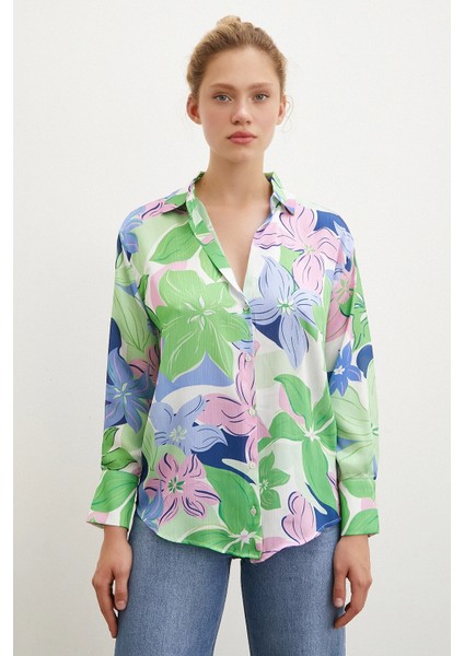 Çiçek Desen Saten Gömlek Yeşil modelleri