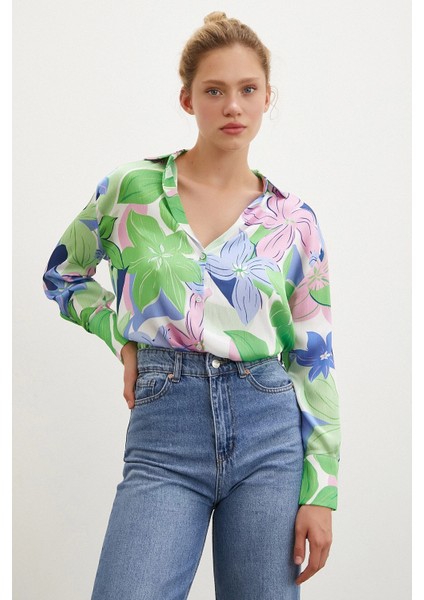 Çiçek Desen Saten Gömlek Yeşil fırsatları