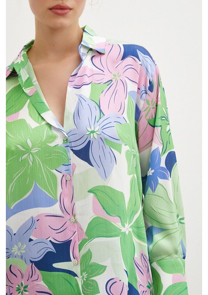 Çiçek Desen Saten Gömlek Yeşil indirimleri