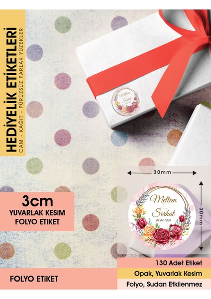 Kırmızı Gül Düğün Etiket Modeli Ürünlerinize Öze 3cm - 130 Adet Folyo Sticker
