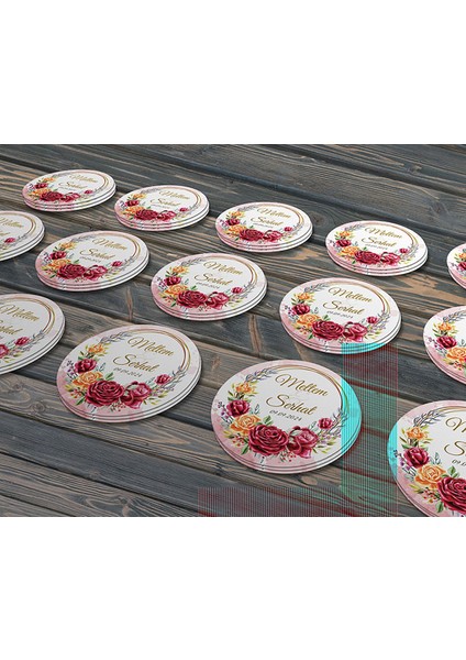 Kırmızı Gül Düğün Etiket Modeli Ürünlerinize Öze 3cm - 130 Adet Folyo Sticker