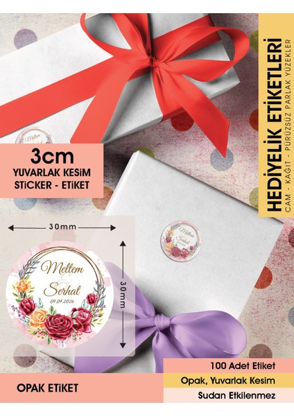 Kırmızı Gül Düğün Etiket Modeli Ürünlerinize Öze 3cm - 100 Adet Opak Sticker