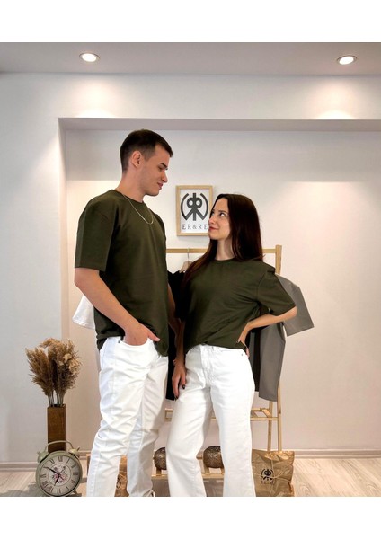 Haki Unisex Kısa Kollu Bisiklet Yaka Basic T-shirt