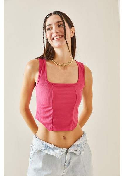 Fuşya Kare Yaka Askılı Bluz 5YXK2-48843-07