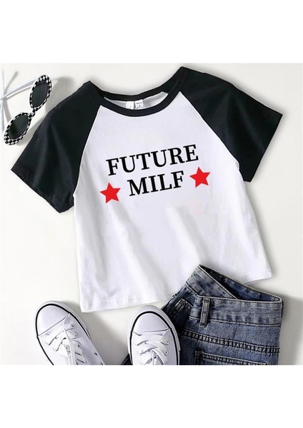 Siyah Raglan Future Milf Kısa Kollu Crop T-Shirt