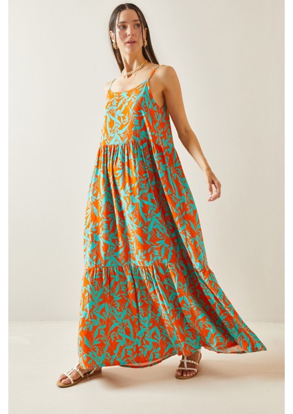 Turuncu Desenli Askılı Midi Elbise 5YXK6-48860-11