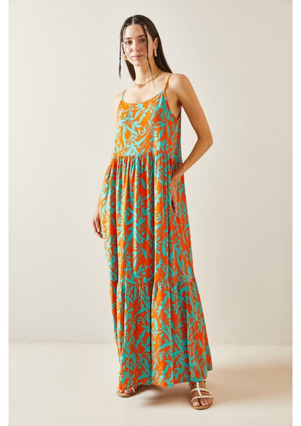 Turuncu Desenli Askılı Midi Elbise 5YXK6-48860-11 fiyatları