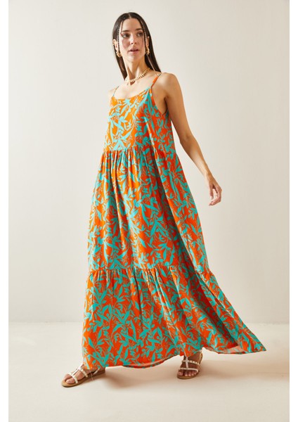 Turuncu Desenli Askılı Midi Elbise 5YXK6-48860-11 modelleri