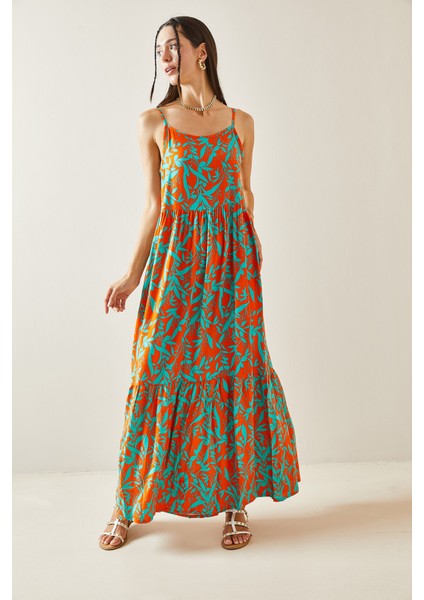 Turuncu Desenli Askılı Midi Elbise 5YXK6-48860-11 fırsatları