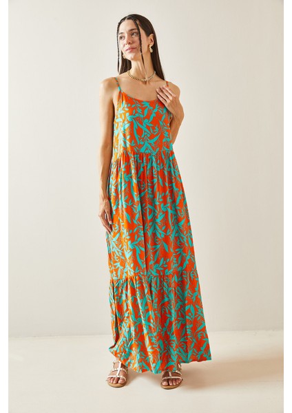 Turuncu Desenli Askılı Midi Elbise 5YXK6-48860-11 indirimleri