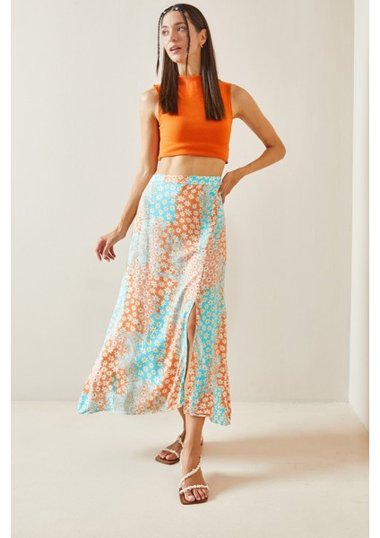 Turkuaz Çiçek Desenli Düğmeli Midi Etek 5YXK7-48826-13