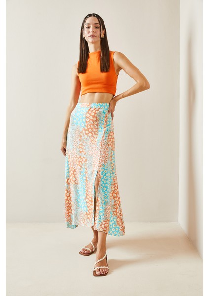 Turkuaz Çiçek Desenli Düğmeli Midi Etek 5YXK7-48826-13 fiyatları