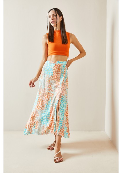 Turkuaz Çiçek Desenli Düğmeli Midi Etek 5YXK7-48826-13 modelleri