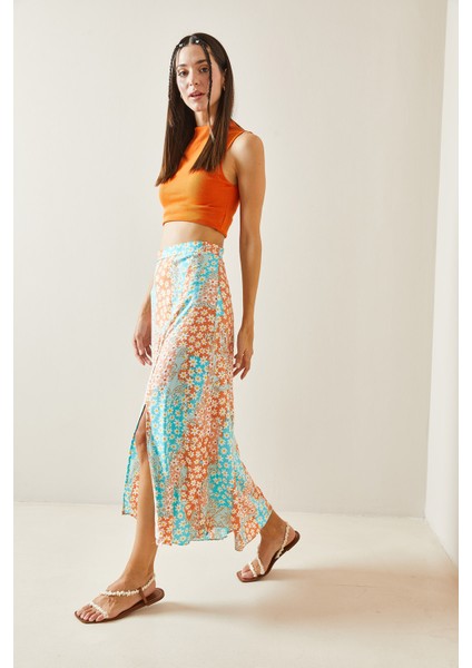 Turkuaz Çiçek Desenli Düğmeli Midi Etek 5YXK7-48826-13 fırsatları