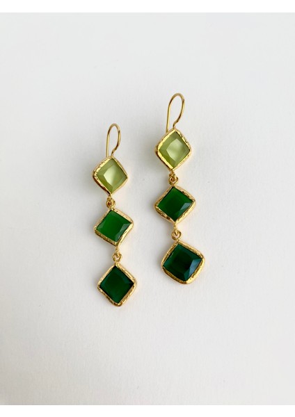 Özel Tasarım Kedi Gözü Kare Taşlı Sallantılı Küpe - Yeşil Tonları