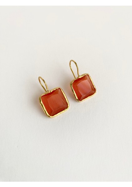 Özel Tasarım Kedi Gözü Kare Taşlı Küpe - Turuncu