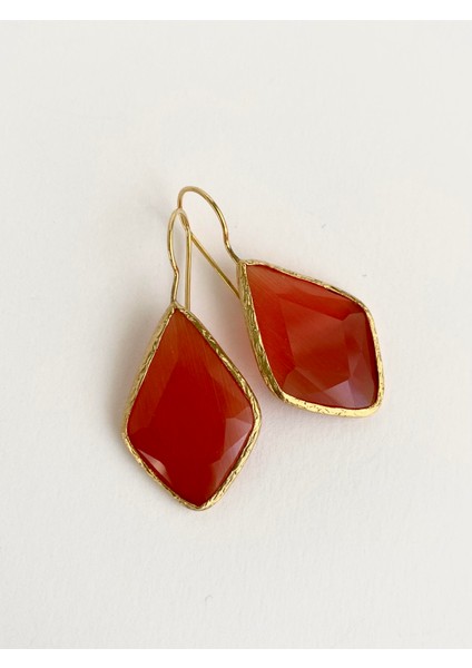 Özel Tasarım Kedi Gözü Mekik Taşlı Küpe - Turuncu