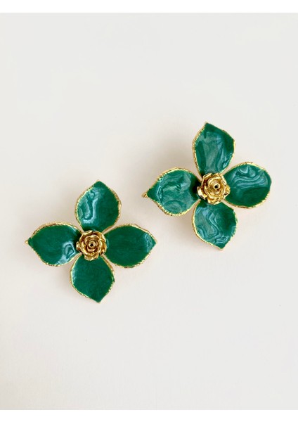 Tasarım Mineli Çiçek Küpe - Yeşil