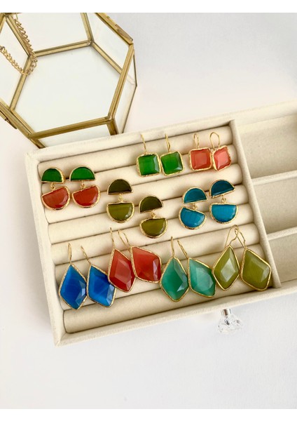 Özel Tasarım Kedi Gözü Kare Taşlı Küpe - Yeşil fiyatları