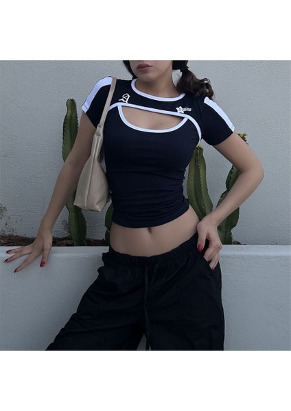 Lacivert A The Star Beyaz Şeritli Parçalı Kısa Kollu Crop T-Shirt fiyatları