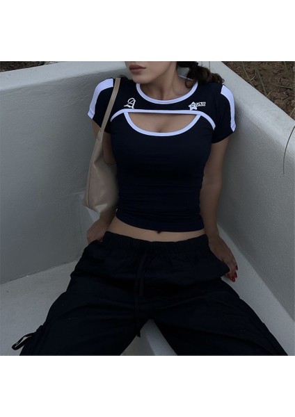 Lacivert A The Star Beyaz Şeritli Parçalı Kısa Kollu Crop T-Shirt modelleri