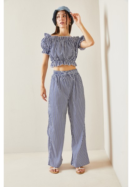 Lacivert Beli Lastikli Çizgili Crop Takım 5YXK8-48834-14 fiyatları