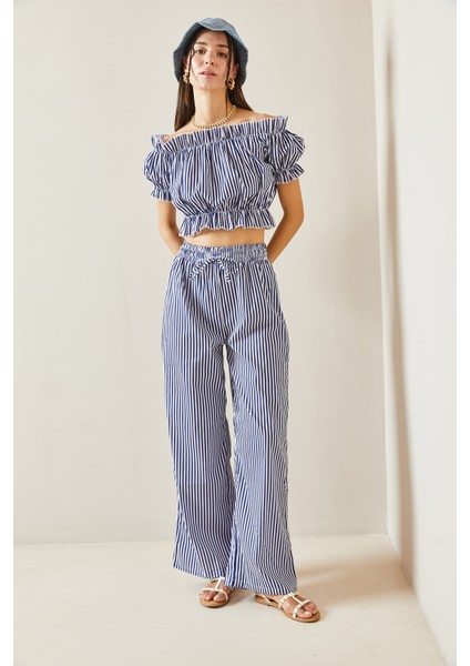 Lacivert Beli Lastikli Çizgili Crop Takım 5YXK8-48834-14 modelleri
