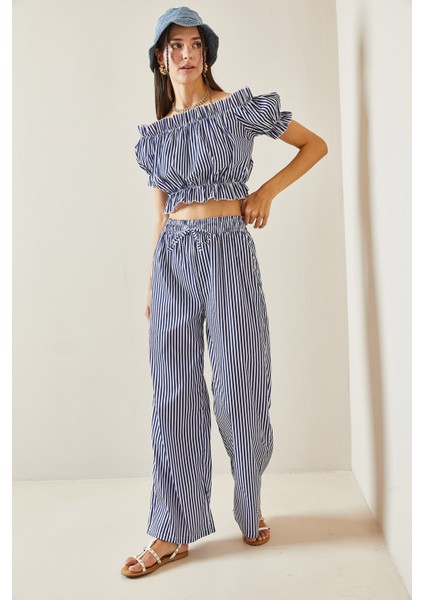 Lacivert Beli Lastikli Çizgili Crop Takım 5YXK8-48834-14 fırsatları