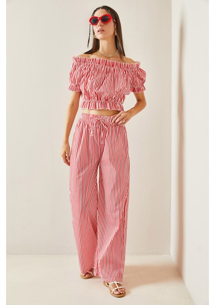 Kırmızı Beli Lastikli Çizgili Crop Takım 5YXK8-48834-04