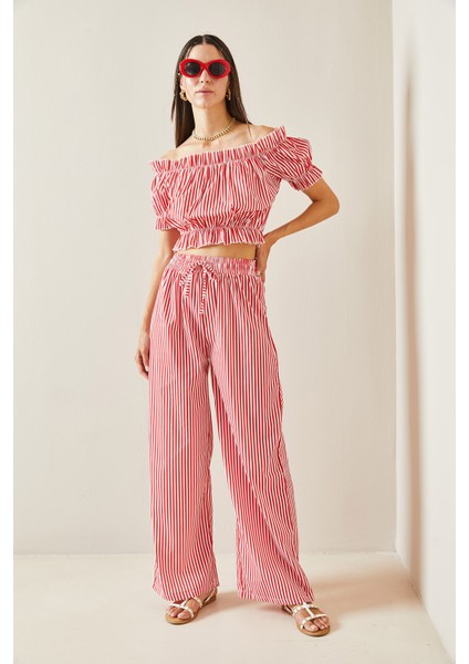 Kırmızı Beli Lastikli Çizgili Crop Takım 5YXK8-48834-04 fiyatları