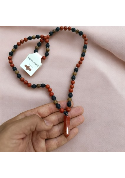 Büyük Boy Doğal Taş Kolye Kırmızı Jasper Taşı Lav Taşı Venge Hematit Taşı Kolye 65 cm