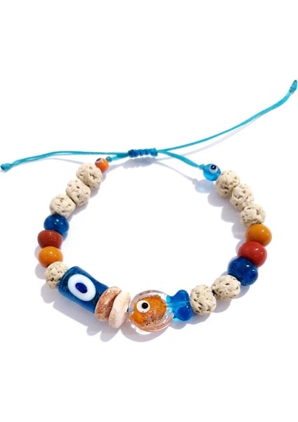 Turuncu Mavi Murano Cam Balık Bodrum Cam Nazar ve Toprak Boncuklu Bileklik