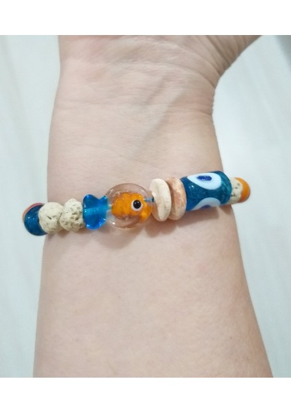Turuncu Mavi Murano Cam Balık Bodrum Cam Nazar ve Toprak Boncuklu Bileklik fırsatları