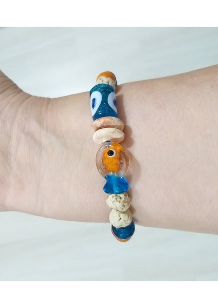 Turuncu Mavi Murano Cam Balık Bodrum Cam Nazar ve Toprak Boncuklu Bileklik indirimleri