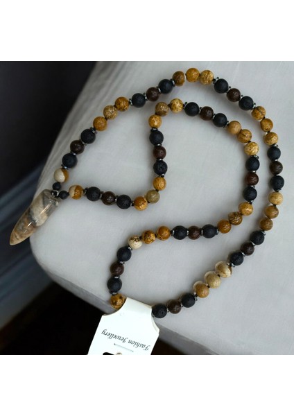 Büyük Boy Doğal Taş Kolye Ağaç Jasper Taşı Lav Taşı Ceviz Hematit Taşı Kolye 65 cm