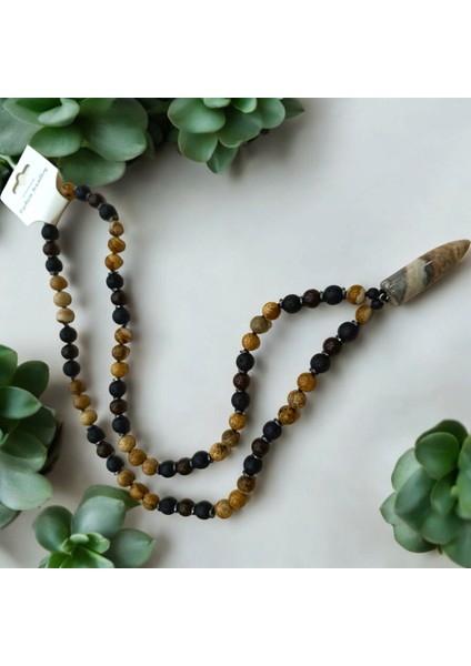 Büyük Boy Doğal Taş Kolye Ağaç Jasper Taşı Lav Taşı Ceviz Hematit Taşı Kolye 65 cm fiyatları